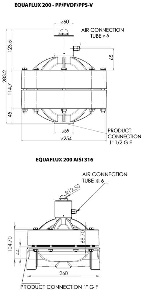 Размеры (мм) - EQUAFLUX 200 - PP/PVDF/PPS-V - AISI 316